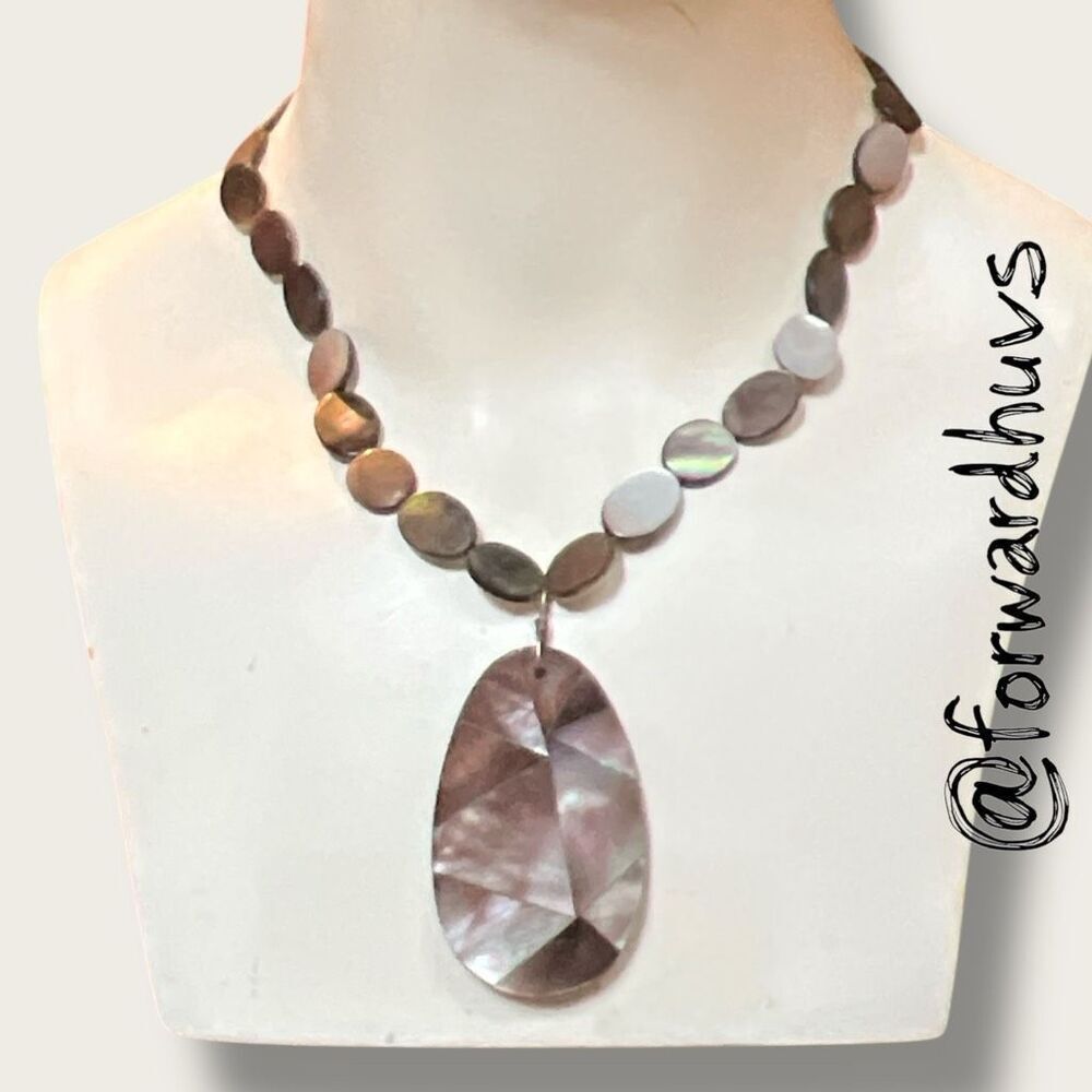 Hand Crafted Mother of Pearl Necklace – 14” Oval Beads with Mosaic Pendant